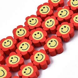 Handmade Polymer Clay Bead Strands, Flower with Smile, Crimson, 8~10x8~10x4~5mm, Hole: 1.2~1.6mm, about 38~40pcs/strand, 12.99 inch~15.94 inch(33~40.5cm)(CLAY-N006-73E)