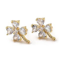 Rack Plating Real 18K Gold Plated Brass Clover Stud Earrings, with Cubic Zirconia, Long-Lasting Plated, Lead Free & Cadmium Free, Clear, 18x13mm(EJEW-B034-01G)