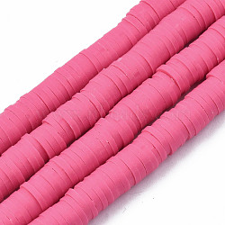 Handmade Polymer Clay Beads Strands, for DIY Jewelry Crafts Supplies, Heishi Beads, Disc/Flat Round, Hot Pink, 6x0.5~1mm, Hole: 1.8mm, about 290~320pcs/strand, 15.75 inch~16.14 inch(40~41cm)(CLAY-R089-6mm-040)