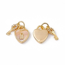 Natural Shell Heart Charms with Key, with Brass Clear Cubic Zirconia Findings, Real 18K Gold Plated, Heart: 12.5x10x1.5mm, Hole: 3mm(KK-E068-VC093)