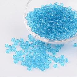 6/0 Glass Seed Beads, Transparent, Round, Deep Sky Blue, 4mm, hole: 1.5mm, about 496pcs/50g(X-SEED-A004-4mm-3B)