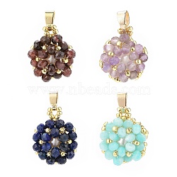 Handmade Japanese Seed Beads Pendants, Round Faceted Natural Mixed Gemstone Cluster Charm with Pearl, 16x13~14x7mm, Hole: 5x3mm(PALLOY-MZ00056)