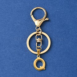 304 Stainless Steel Initial Letter Charm Keychains, with Alloy Clasp, Golden, Letter Q, 8.5cm(KEYC-YW00005-17)