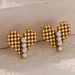 304 Stainless Steel Stud Earrings, with Plastic Imitation Pearl, Heart, Real 18K Gold Plated, 17.5x20mm(EJEW-S257-04G)