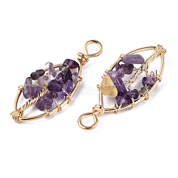 Natural Amethyst Pendants, Golden Tone Brass Wire Wrapped, Tree, Oval, 40.5~44x17.5~19x6~7.5mm, Hole: 4mm(G-T131-98B-09)