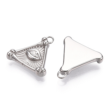 304 Stainless Steel Pendants, Manual Polishing, Triangle with Eye Charm, Stainless Steel Color, 17x16x3mm, Hole: 1.8mm