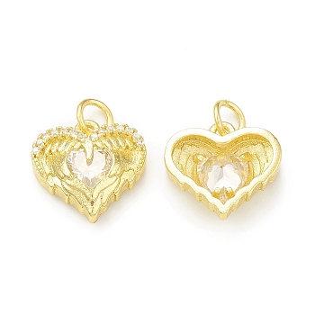 Rack Plating Brass Micro Pave Clear Cubic Zirconia Charms, with Jump Rings, Cadmium Free & Lead Free, Long-Lasting Plated, Heart with Wing Charm, Real 18K Gold Plated, 13x14x4mm, Hole: 3mm