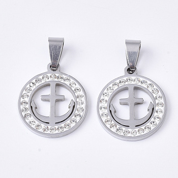 201 Stainless Steel Pendants, with Random Size Snap On Bails and Polymer Clay Crystal Rhinestones, Flat Round with Anchor, Stainless Steel Color, 23x20x2~3mm, Hole: 7~10x3~5mm