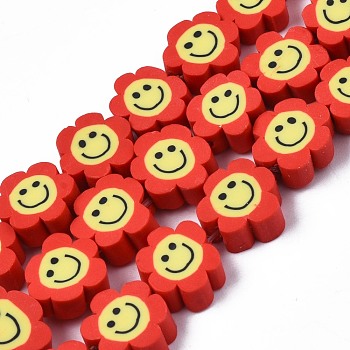 Handmade Polymer Clay Bead Strands, Flower with Smile, Crimson, 8~10x8~10x4~5mm, Hole: 1.2~1.6mm, about 38~40pcs/strand, 12.99 inch~15.94 inch(33~40.5cm)