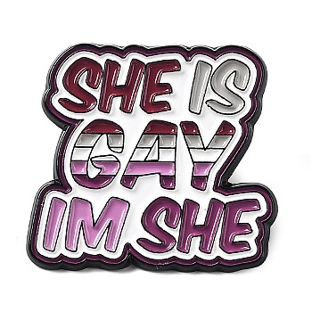 Word She Is Gay I'm She Lesbian Pride Rainbow Theme Enamel Pins, Black Zinc Alloy Brooch for Women, Word, 27.5x29.5x1.5mm