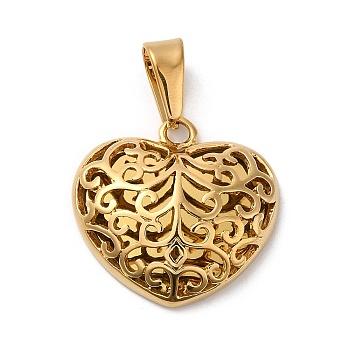 Vacuum Plating 304 Stainless Steel Pendants, Long-Lasting Plated, Hollow, Heart Charm, Golden, 24.5x25.5x6.5mm, Hole: 9.5x4.6mm