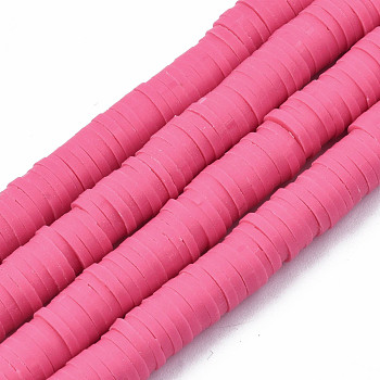 Handmade Polymer Clay Beads Strands, for DIY Jewelry Crafts Supplies, Heishi Beads, Disc/Flat Round, Hot Pink, 6x0.5~1mm, Hole: 1.8mm, about 290~320pcs/strand, 15.75 inch~16.14 inch(40~41cm)