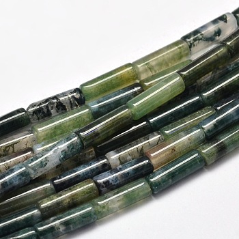 Natural Moss Agate Column Bead Strands, 13~14x4~5mm, Hole: 1mm, about 29pcs/strand, 15.7 inch