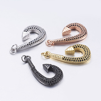 Brass Micro Pave Cubic Zirconia Pendants, Fishhook, Mixed Color, 31x16x3mm, Hole: 3.5mm