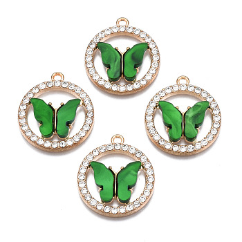 Alloy Rhinestone Pendants, with Acrylic, Cadmium Free & Lead Free, Ring with Butterfly, Light Gold, Green, 24.5x22x3.5mm, Hole: 1.6mm