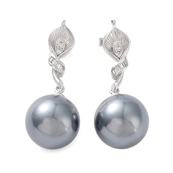 Shell Pearl Round Dangle Stud Earrings with Cubic Zirconia, Rhodium Plated 925 Sterling Silver Earrings, with 925 Stamp, Real Platinum Plated, 30x12.5mm