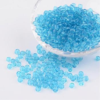 6/0 Glass Seed Beads, Transparent, Round, Deep Sky Blue, 4mm, hole: 1.5mm, about 496pcs/50g