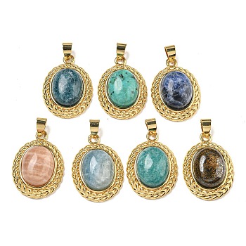 Natural Mixed Stone Oval Pendants, Rack Plating Brass Gems Charms, Golden, 27.5x19.5x8mm, Hole: 5x4mm