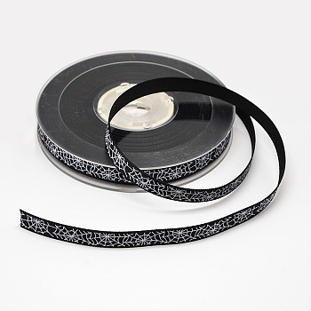 Halloween Ornaments Spider Web Pattern Printed Grosgrain Ribbons, Black, 3/8 inch(9mm), about 100yards/roll(91.44m/roll)
