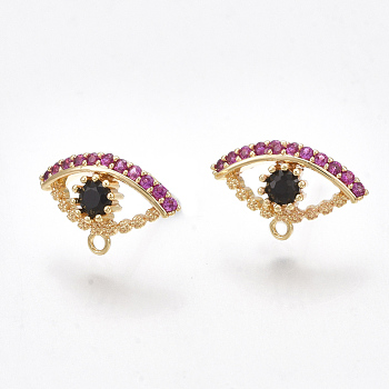 Brass Cubic Zirconia Stud Earring Findings, with Loop, Eye, Colorful, Nickel Free, Real 18K Gold Plated, 8.5x13.5mm, Hole: 1.2mm, Pin: 0.8mm