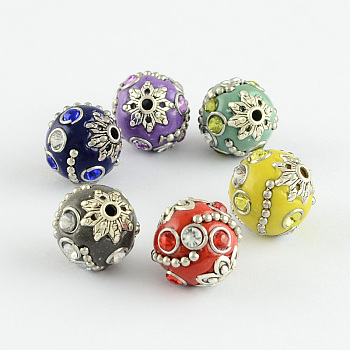 Handmade Indonesia Beads, with Alloy Cores, Round, Antique Silver, Mixed Color, 15x14x14mm, Hole: 2mm