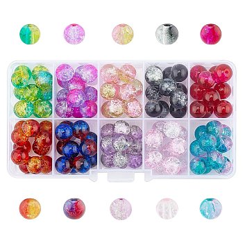Round Transparent Crackle Glass Beads, Mixed Color, 10mm, Hole: 1.3mm, about 100~105pcs/box