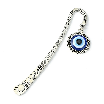 Resin Evil Eye Pendant Bookmarks, Flower Pattern Tibetan Style Alloy Hook Bookmark, Antique Silver, 122mm