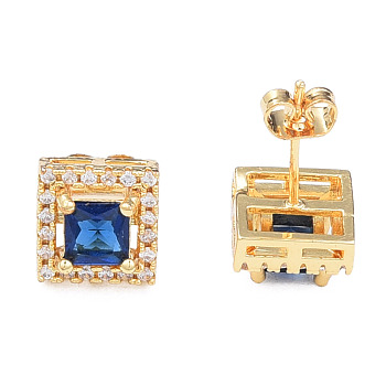 Cubic Zirconia Square Stud Earrings, Golden Brass Jewelry for Women, Nickel Free, Cadet Blue, 9.5x9.5mm, Pin: 0.7mm