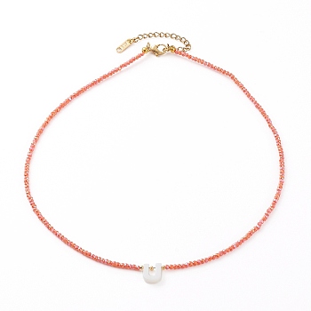 Natural Shell Letter Pendant Necklaces, Initial Necklaces, with Imitation Jade Glass Beads and 304 Stainless Steel Beads, Golden, Dark Salmon, Letter.U, 15.9 inch(40.4cm)
