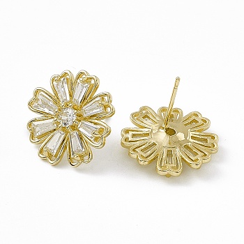 Clear Cubic Zironia Flower Stud Earrings, Rack Plating Brass Jewelry for Women, Lead Free & Cadmium Free, Real 18K Gold Plated, 20mm, Pin: 0.8mm
