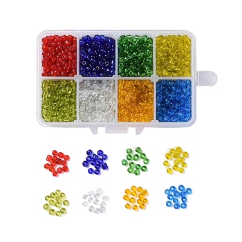 Glass Seed Beads, Transparent, Round Hole, Round, Mixed Color, 4mm, Hole: 1.5mm, 8colors, 24g/color, 192g/box
