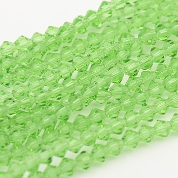 Faceted Bicone Glass Beads Strands, Lawn Green, 4x4mm, Hole: 1mm, about 92~96pcs/strand, 13.78~14.37 inch