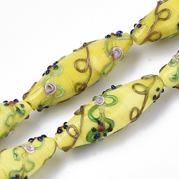 Handmade Gold Sand Lampwork Beads Strands, Bumpy, Rice with Flower Pattern, Yellow, 45~47.5x14.5~15.5mm, Hole: 1.5mm, about 10pcs/Strand, 17.72 inch