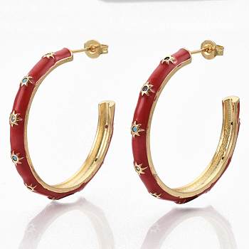 Brass Micro Pave Colorful Cubic Zirconia Stud Earrings, Half Hoop Earrings, with Enamel and Ear Nuts, Real 18K Gold Plated, Sun Pattern, FireBrick, 34~35x34.5x4mm, Pin: 0.7mm