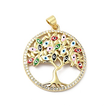 Rack Plating Brass Enamel Pendants, Cadmium Free & Lead Free, Tree of Life with Evil Eye, Real 18K Gold Plated, 29.5x26.5x3.5mm, Hole: 5x3.5mm