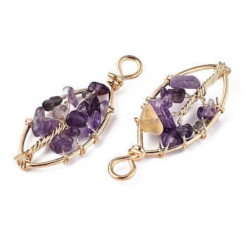 Natural Amethyst Pendants, Golden Tone Brass Wire Wrapped, Tree, Oval, 40.5~44x17.5~19x6~7.5mm, Hole: 4mm