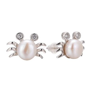 Crab Platinum Tone Rhodium Plated 925 Sterling Silver Cubic Zirconia Ball Ear Studs(EJEW-E174-04P)-2