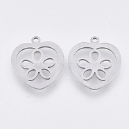 201 Stainless Steel Pendants, Laser Cut Pendants, Heart with Flower, Stainless Steel Color, 17.5x15.5x1mm, Hole: 1.4mm(STAS-T044-110P)