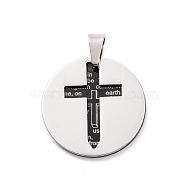 304 Stainless Steel Manual Polishing Pendants, Flat Round with Cross & Word, Gunmetal & Stainless Steel Color, 30x1mm, Hole: 4.7x7.5mm(STAS-G269-01P)