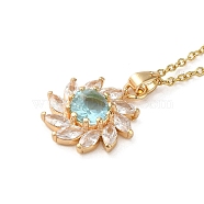Brass Micro Pave Cubic Zirconia Flower Pendant Necklaces for Women, 201 Stainless Steel Cable Chain Necklaces, Pale Turquoise, 15.94 inch(40.5cm)(NJEW-E106-03KCG-04)