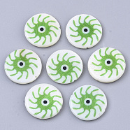 Natural Freshwater Shell Beads, Double-side Printed, Flat Round with Evil Eye, Light Green, 18x3mm, Hole: 1mm(SHEL-R023-04B)