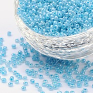 12/0 Glass Seed Beads, Ceylon, Round, Round Hole, Pale Turquoise, 12/0, 2mm, Hole: 1mm, about 3333pcs/50g, 50g/bag, 18bags/2pounds(SEED-US0003-2mm-143)