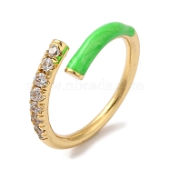 Rack Plating Brass Cubic Zirconia Open Cuff Rings for Women, with Enamel, Cadmium Free & Lead Free, Lime Green, Inner Diameter: 17mm(RJEW-S407-04C)