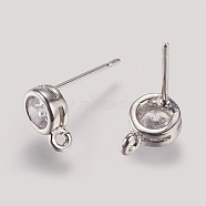 Brass Micro Pave Cubic Zirconia Stud Earring Findings, with Vertical Loops, Flat Round, Platinum, Cadmium Free & Lead Free, Clear, 8.5x5.5mm, Hole: 1.6mm, Pin: 0.8mm(ZIRC-P105-02P-05)