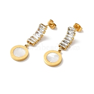 Shell Flat Round Long Dangle Stud Earrings with Glass, Ion Plating(IP) 304 Stainless Steel Jewelry for Women, Golden, 34x12x3mm, Pin: 0.9mm(EJEW-P203-07G)