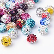 Two-Tone Color Handmade Polymer Clay Disco Ball Beads, with Glass Rhinestone, Mixed Color, 9~10mm, Hole: 2mm(RB-R041-M)