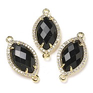 Natural Obsidian Faceted Horse Eye Connector Charms, Rack Plating Brass Micro Pave Clear Cubic Zirconia Links, Golden, 26.5~27x14x5mm, Hole: 1.6mm(G-G181-07G-08)