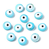Natural Freshwater Shell Beads, with Enamel, Dyed, Flat Round with Evil Eye, Sky Blue, 8x3~4mm, Hole: 0.8mm(SHEL-S278-001A)