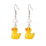Gold Resin Duck with Natural Pearl Beaded Dangle Earrings, 316 Surgical Stainless Steel Jewelry for Women, Stainless Steel Color, 53mm, Pin: 0.7mm(EJEW-TA00147)