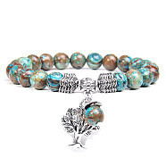 Natural Imperial Jasper Beaded Stretch Bracelet with Alloy Tree of Life Charms,  6-3/4~8-5/8 inch(17~22cm)(PW-WG19782-01)